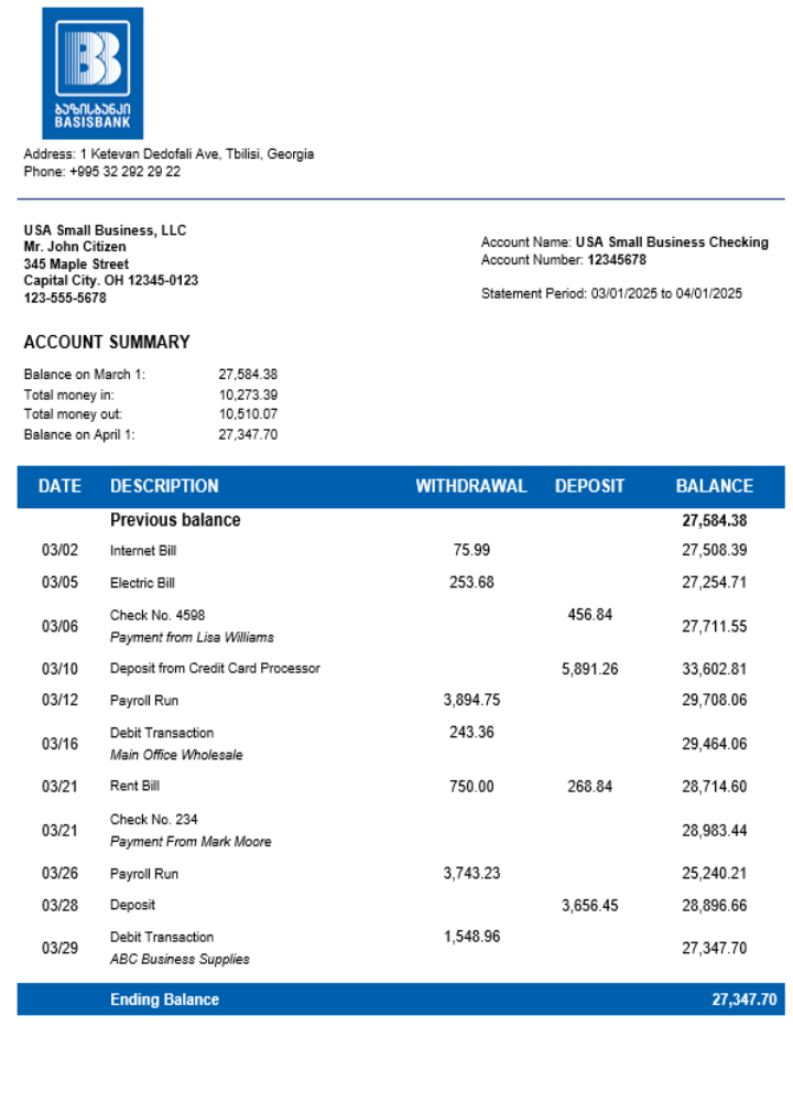 Déclaration d'entreprise de Basis Bank Format Word et PDF